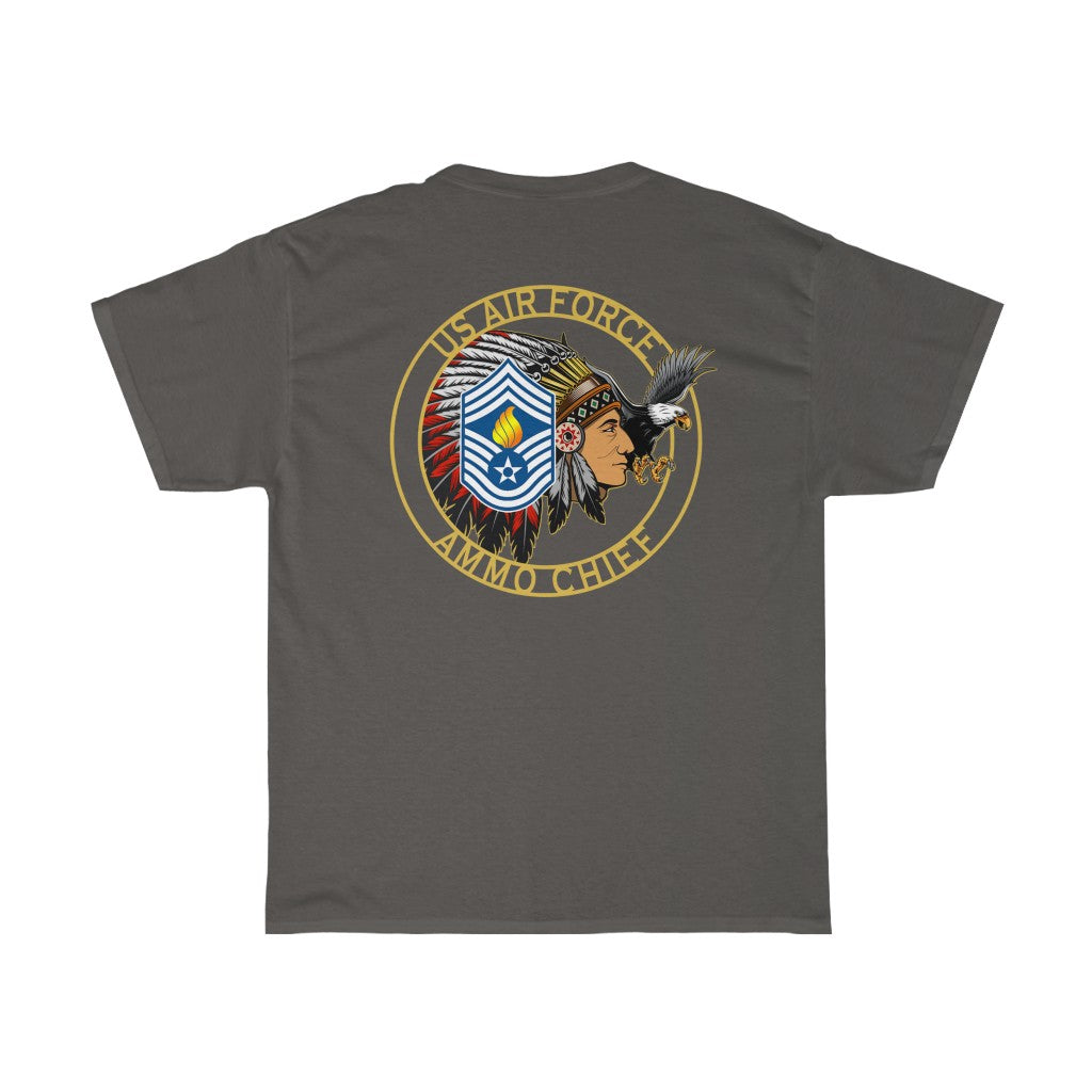 USAF AMMO Chief Native American Indian Full Headdress Stripes Pisspot Flames Eagle Unisex Heavy Cotton Tee