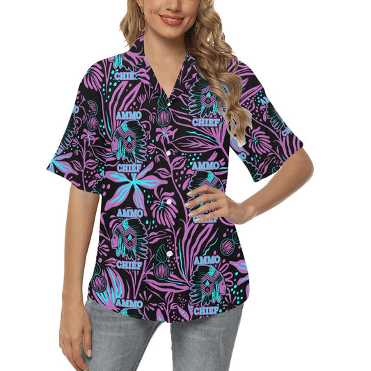 AMMO Chief (Female Version) Purple Teal Neon Flowers Pisspots AMMO Chief Logo Womens Hawaiian Shirt