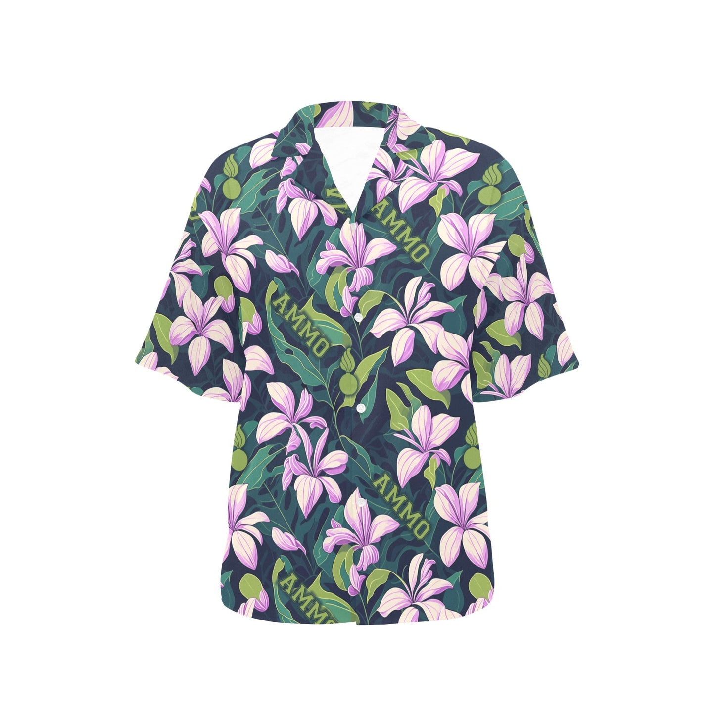 AMMO Pink Frangipani Flowers and Green Leaves AMMO Word and Pisspots Womens Hawaiian Shirt