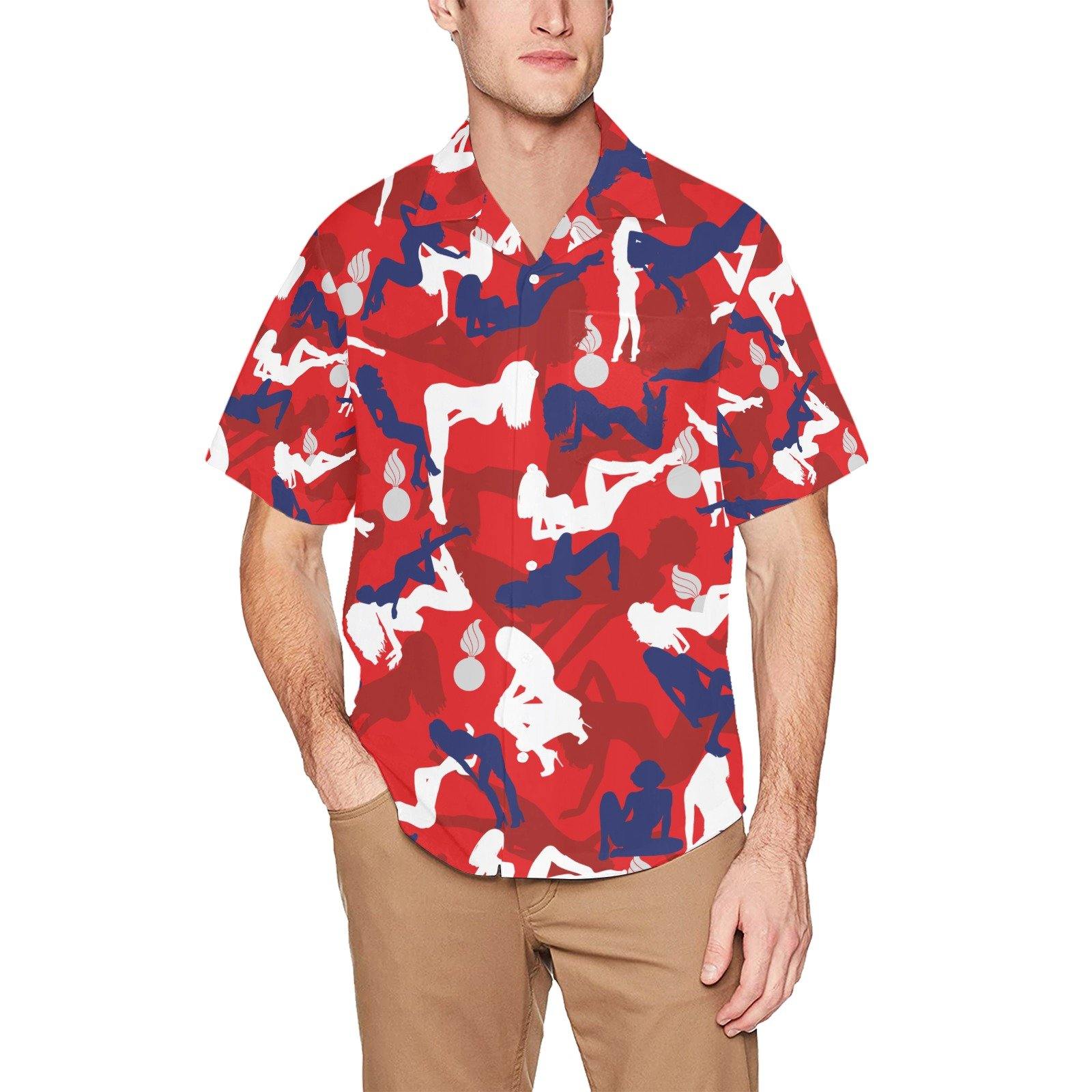 Juicy Girls and Pisspots Red White Blue Pattern AMMO Hawaiian Shirt With Front Left Chest Pocket - AMMO Pisspot IYAAYAS Gear