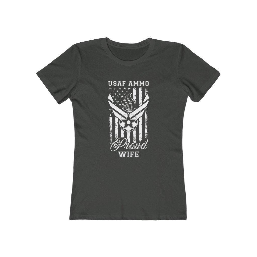 USAF AMMO AF Vector Logo With Pisspot American Flag Proud Wife Women's The Boyfriend Tee - AMMO Pisspot IYAAYAS Gear