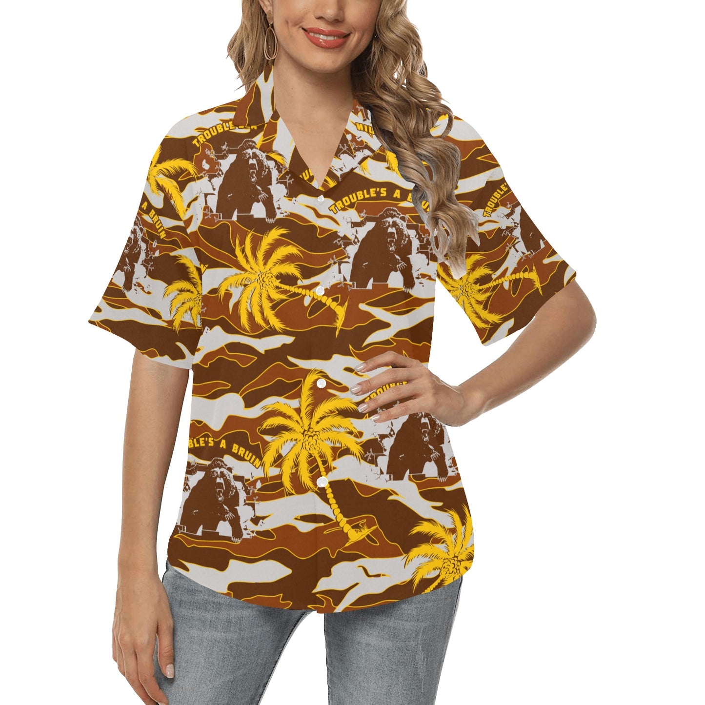 Fargo South High Troubles A Bruin Brown Bear Brick Wall Brown Camouflage With Gold Color Palm Trees Womens Hawaiian Shirt