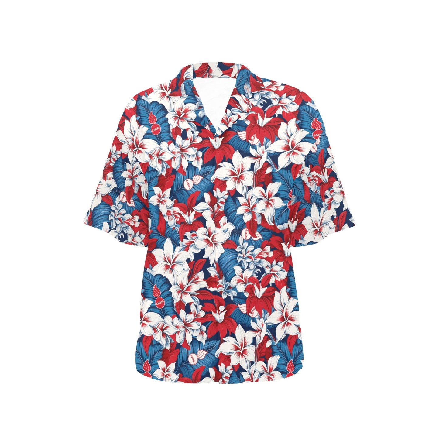 USAF AMMO Red White and Blue Patriotic Tropical Flowers Leaves and Pisspots Womens Hawaiian Shirt