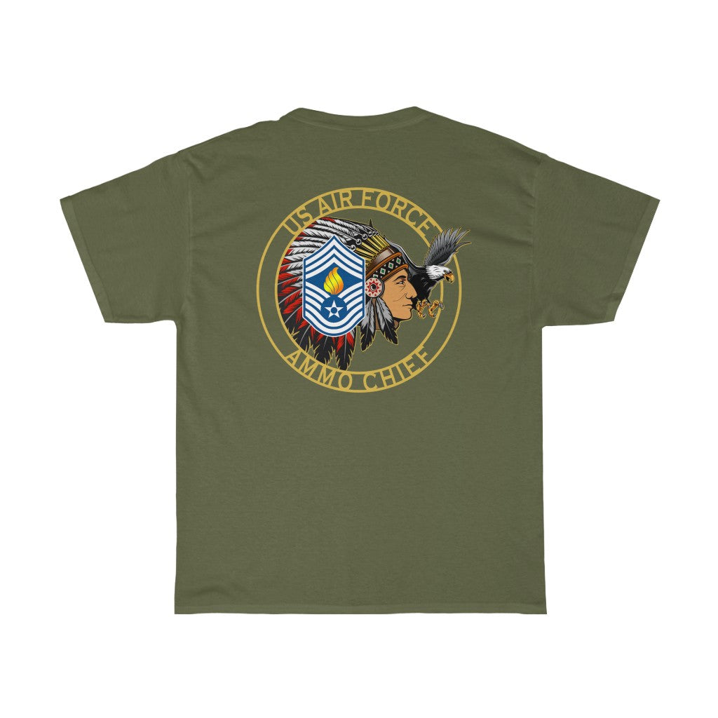 USAF AMMO Chief Native American Indian Full Headdress Stripes Pisspot Flames Eagle Unisex Heavy Cotton Tee