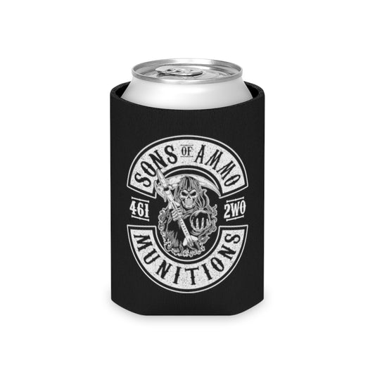 Sons of AMMO Grim Reaper Holding Pisspot Missile Sickle White Logo Black Coozie Can Cooler
