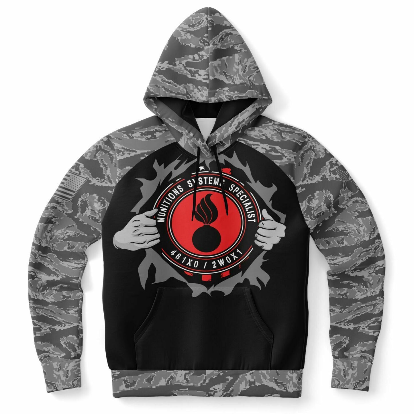 USAF AMMO Greyed Out ABU Pattern Camouflage Ripped Open Flag Chest Red Pisspot Logo Unisex All Over Print Hoodie