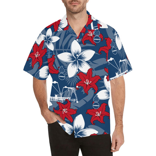 AMMO Hawaiian Shirt Red White Blue Tiger Lilies Plumerias Pisspots