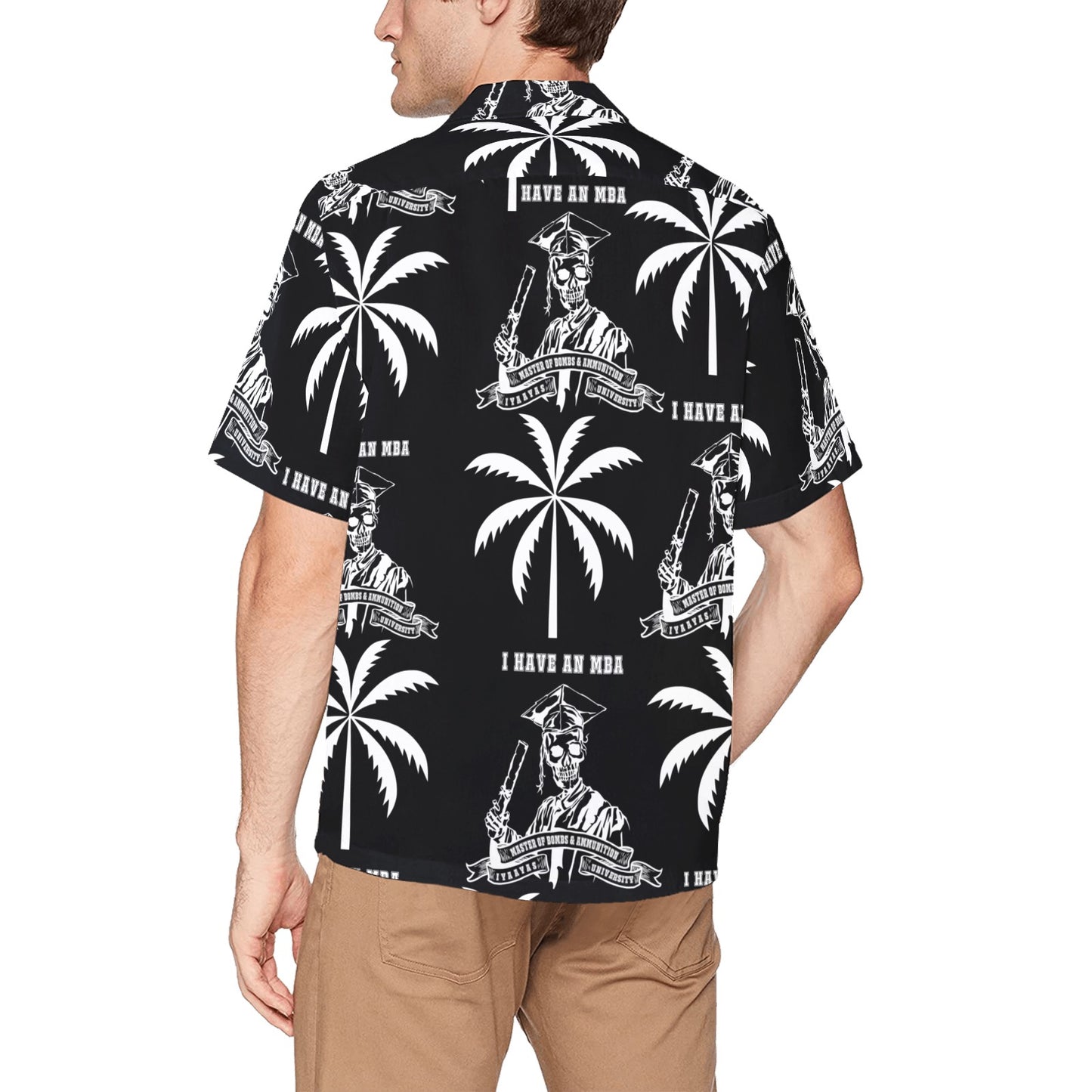 I have an MBA Master of Bombs and Ammunition Skeleton Cap and Gown Men’s Black Hawaiian Event Shirt With Left Chest Pocket