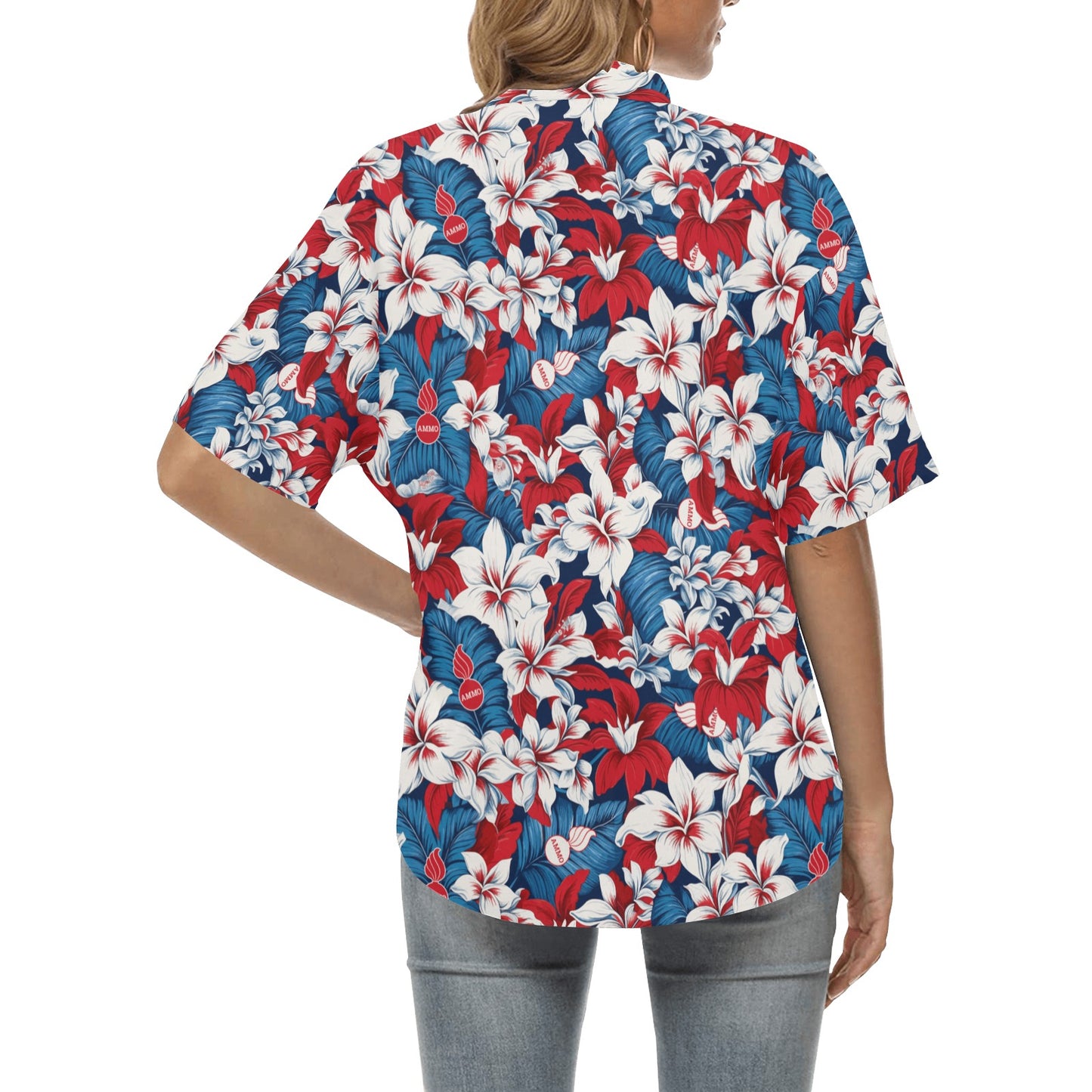 USAF AMMO Red White and Blue Patriotic Tropical Flowers Leaves and Pisspots Womens Hawaiian Shirt