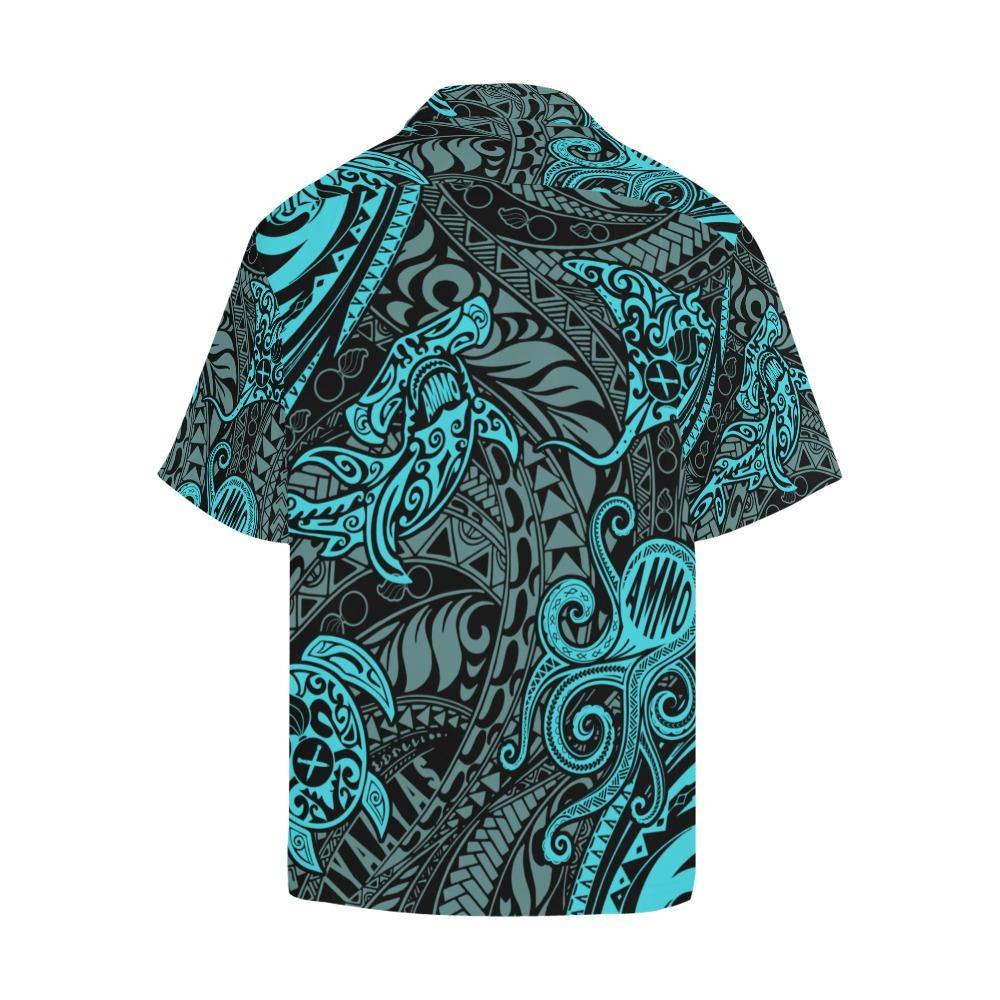 AMMO Hawaiian Shirt Black and Teal Tribal Pattern Sea Animals and Creatures - AMMO Pisspot IYAAYAS Gear