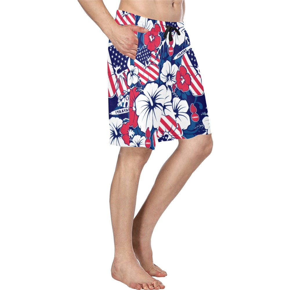 AMMO Red White and Blue Patriotic Casual Hawaiian Shorts