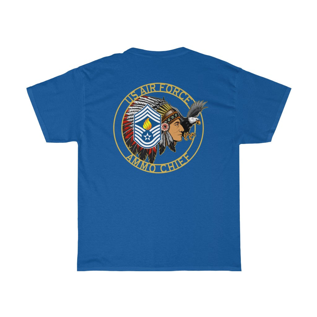 USAF AMMO Chief Native American Indian Full Headdress Stripes Pisspot Flames Eagle Unisex Heavy Cotton Tee