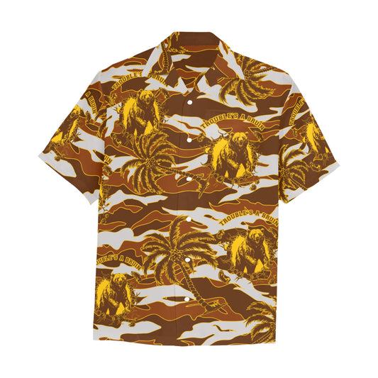 Fargo South High Troubles A Bruin Updated Bear Brick Wall Tiger Stripe Brown Camouflage With Gold Color Palm Trees Hawaiian Shirt With Left Chest Pocket