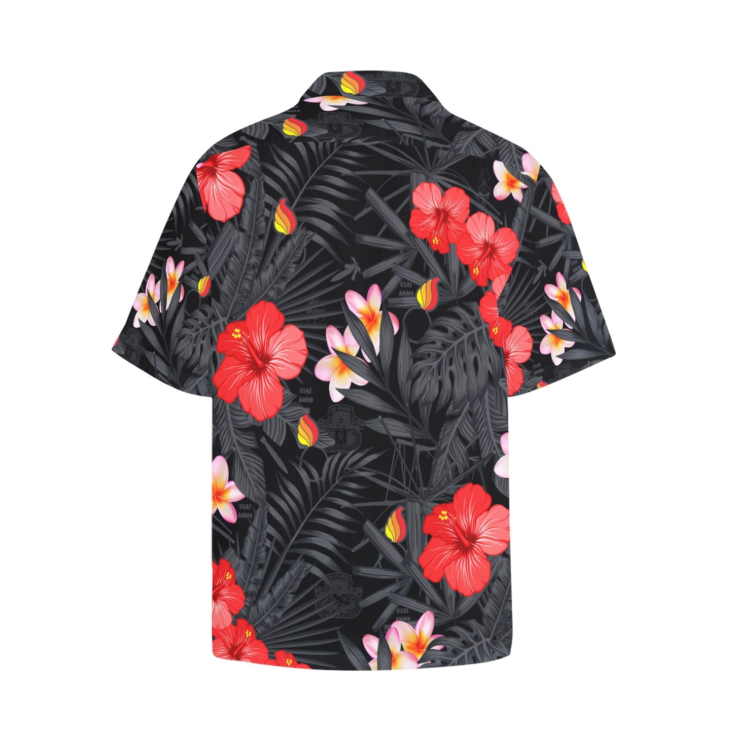 USAF AMMO Black and Grey Leaves Hibiscus Plumeria Pisspots and AMMO icons hidden all over AMMO Hawaiian Shirt With Left Chest Pocket