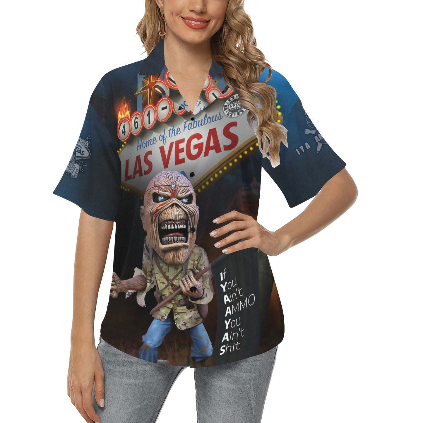 USAF AMMO Las Vegas Eddie Holding Black IYAAYAS Acronym Flag Vegas Sign Womens Hawaiian Shirt