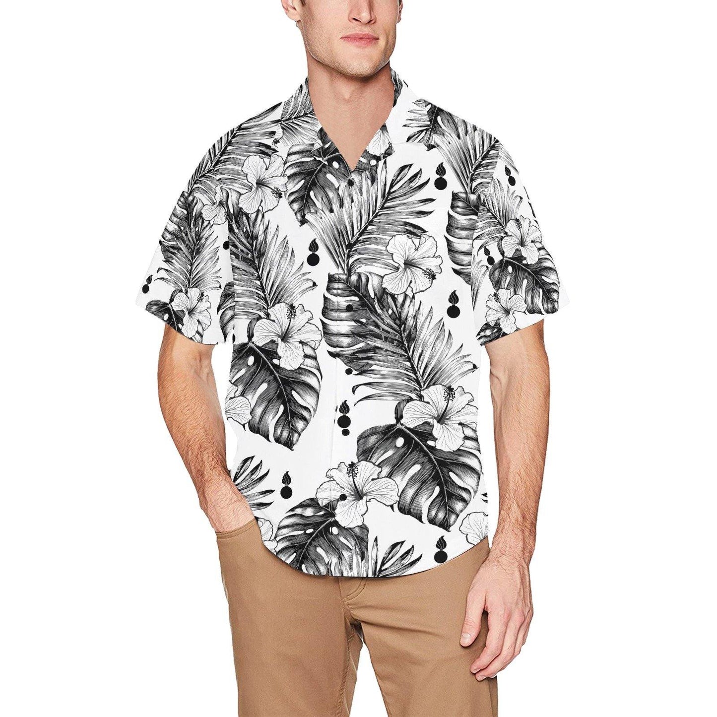 USAF AMMO White Hibiscus Flowers with Palm and Monstera Tropical Leaves and Pisspots Hawaiian Shirt With Front Left Chest Pocket - AMMO Pisspot IYAAYAS Gear