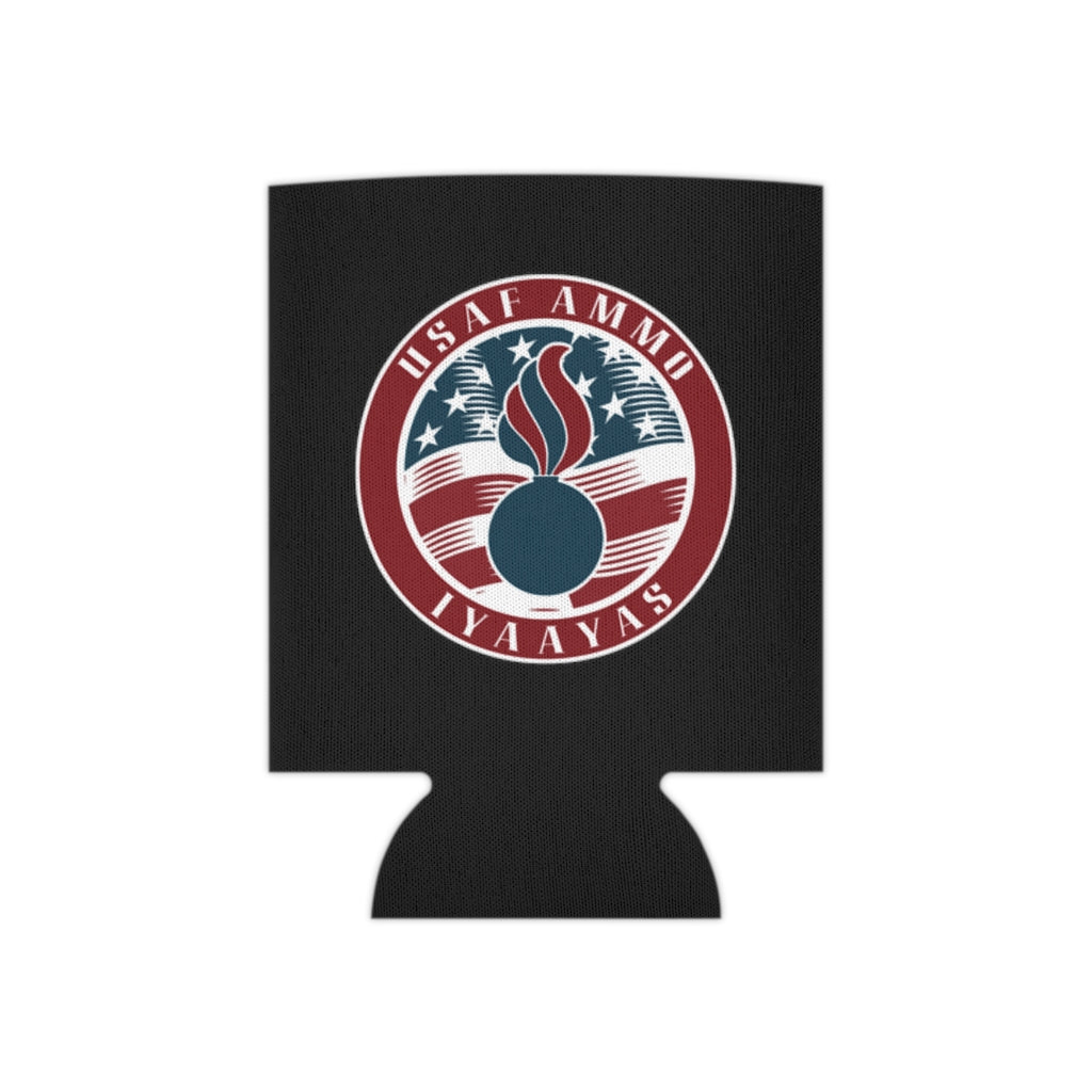 Circle American Flag USAF AMMO IYAAYAS Pisspot Logo Dark Color Can Cooler