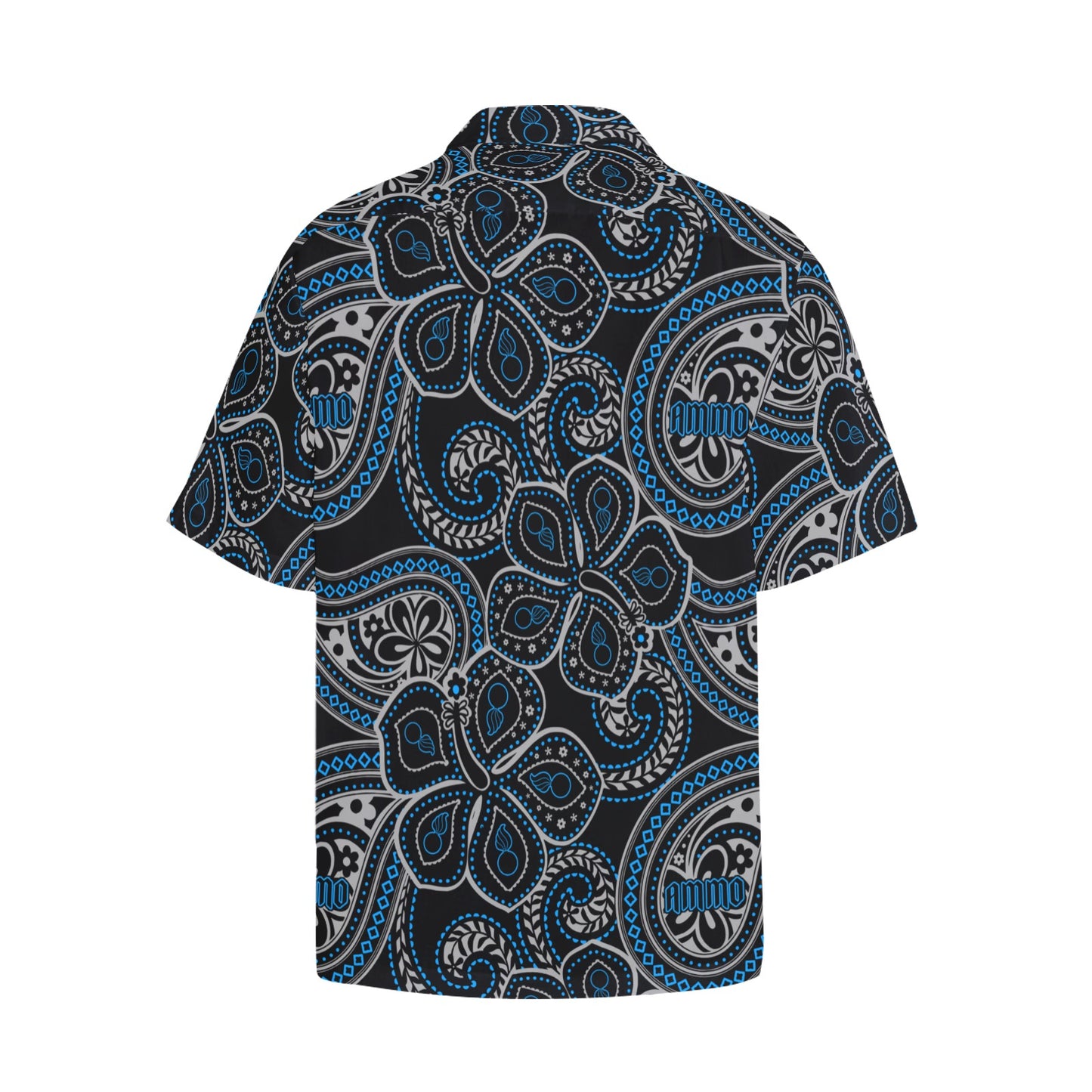 AMMO Paisley Black Grey and Light Blue Tropical Flowers With Pisspots Inside and AMMO Word Pattern Mens Left Chest Pocket Hawaiian Shirt
