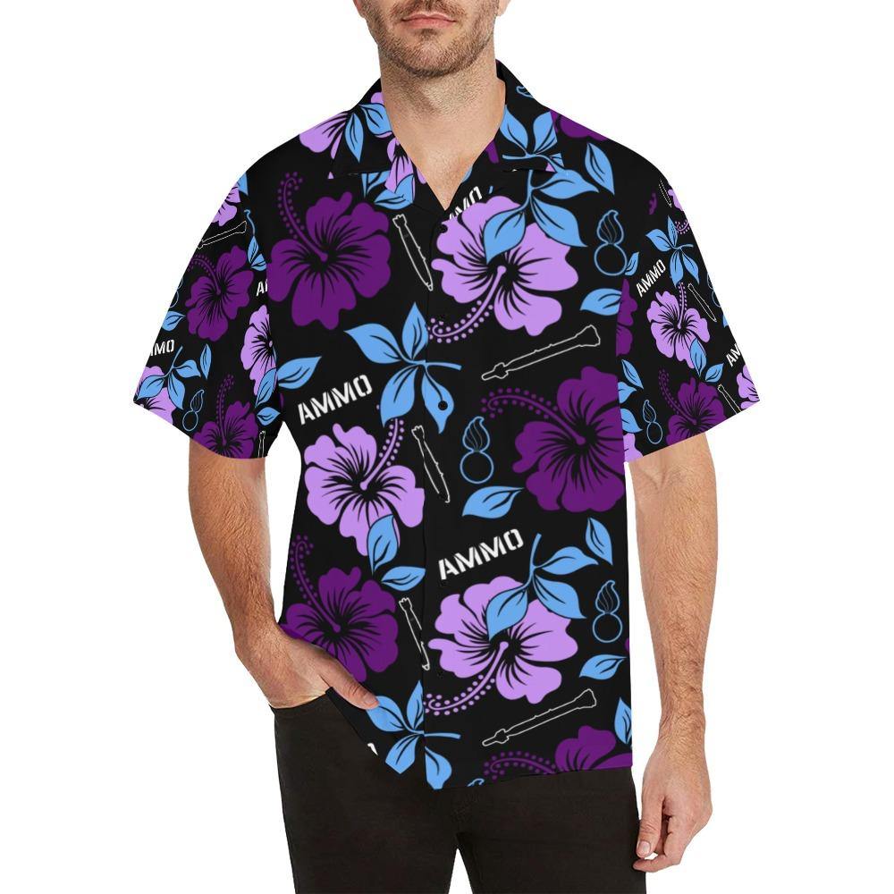 AMMO Hawaiian Shirt Dark and Light Purple Flowers Black Background - AMMO Pisspot IYAAYAS Gear