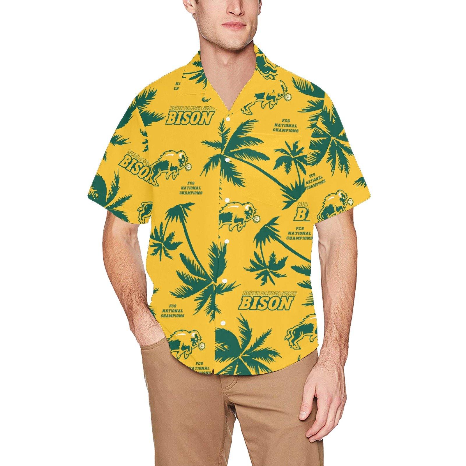 North Dakota State Bison Yellow Hawaiian Shirt With Front Left Pocket - AMMO Pisspot IYAAYAS Gear