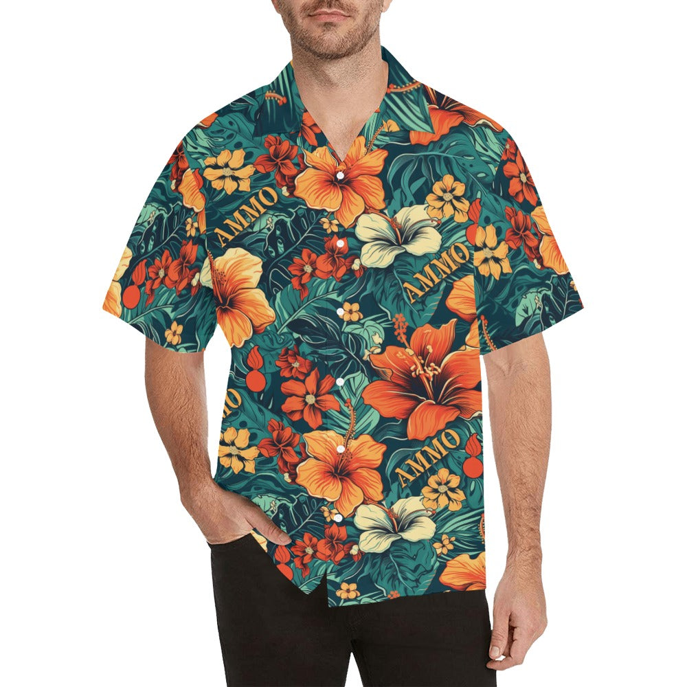 AMMO Hawaiian Shirt Orange Flowers With Green Leaves Pisspots and Word AMMO
