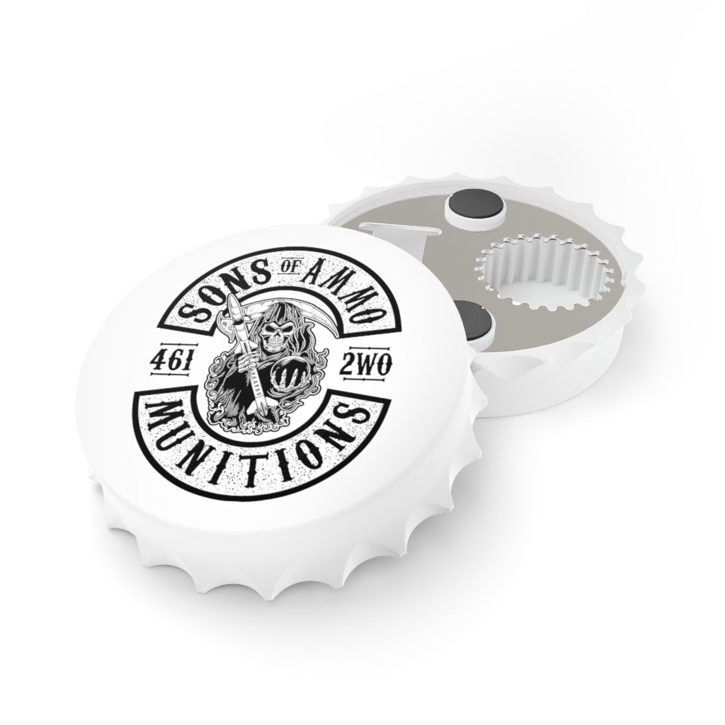 Sons Of AMMO Grip Reaper White Background Circular Logo IYAAYAS Magnetic Bottle Cap Opener