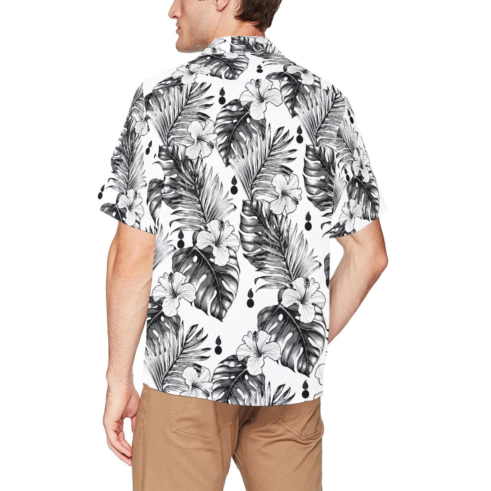 USAF AMMO White Hibiscus Flowers with Palm and Monstera Tropical Leaves and Pisspots Hawaiian Shirt With Front Left Chest Pocket - AMMO Pisspot IYAAYAS Gear