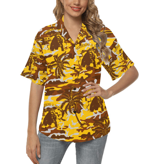Fargo South High Troubles A Bruin Brown Bear Brick Wall Gold Color Camouflage With Brown Palm Trees Womens Hawaiian Shirt