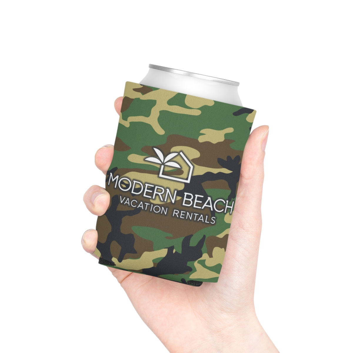 Modern Beach Vacation Rentals Basic Logo White Letters Camouflage BDU Can Coozie Cooler