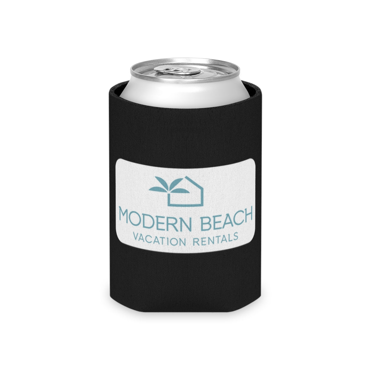 Modern Beach Vacation Rentals White Rectangle Logo Black Can Coozie Cooler
