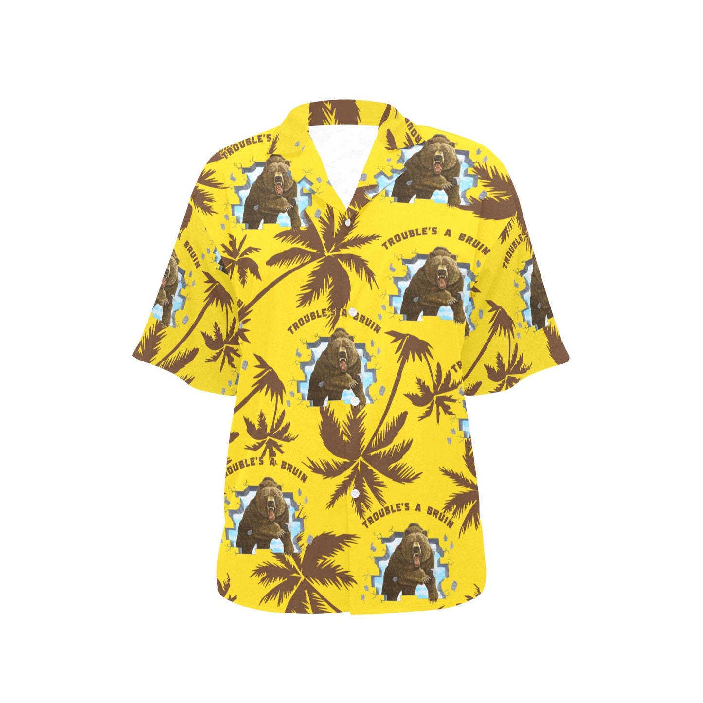Fargo South High Troubles A Bruin Brown Bear Brick Wall Brown Palm Trees Yellow Womens Hawaiian Shirt