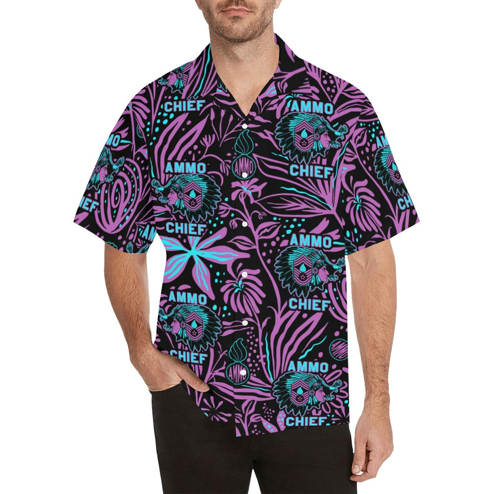 AMMO Chief Purple Teal Neon Flowers Pisspots AMMO Chief Logo Mens Hawaiian Shirt