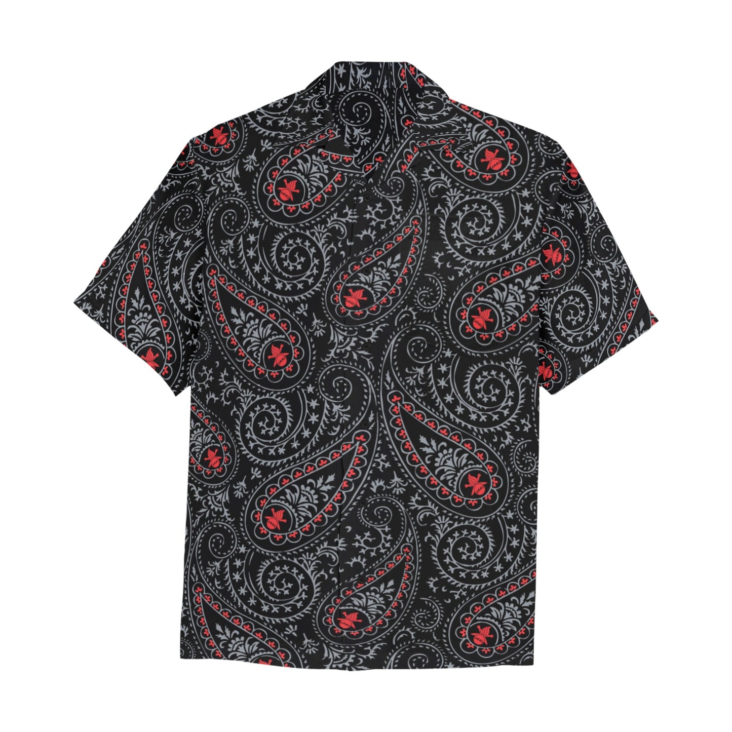 AMMO Paisley Black Grey and Red Pisspot With Crossed Bombs Pattern Mens Left Chest Pocket Hawaiian Shirt