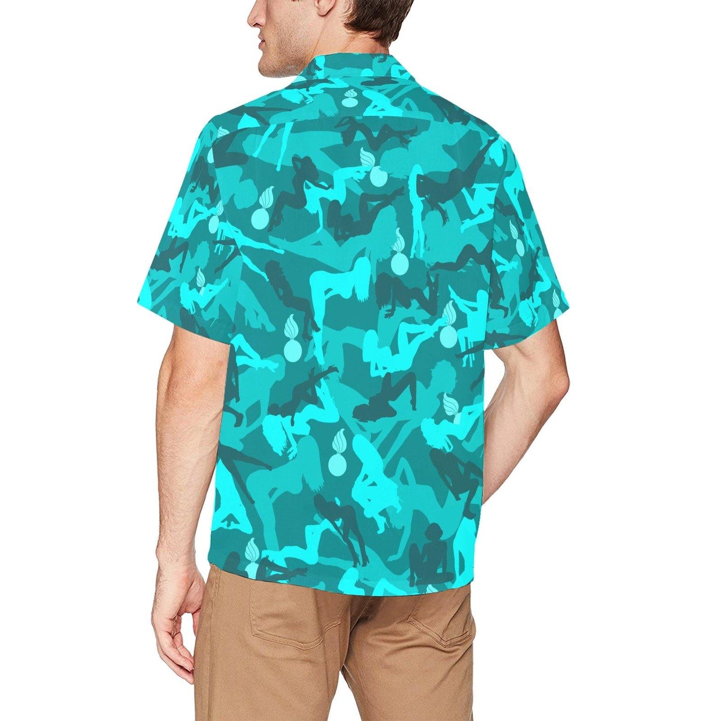 Juicy Girls and Pisspots Aqua Blue Green Pattern AMMO Hawaiian Shirt With Front Left Chest Pocket - AMMO Pisspot IYAAYAS Gear