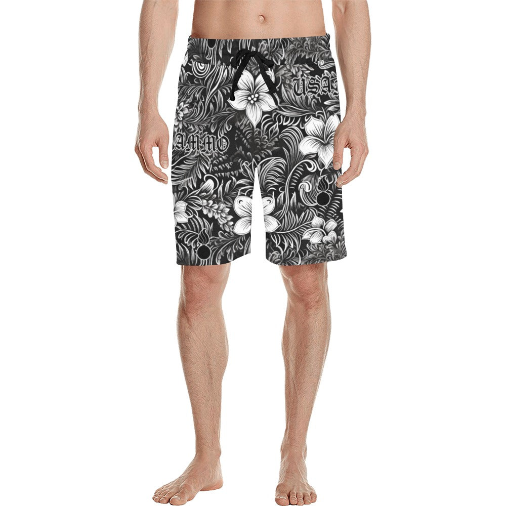 Black and White Flowers and Leaves Badass USAF AMMO Pisspot Hawaiian Shorts