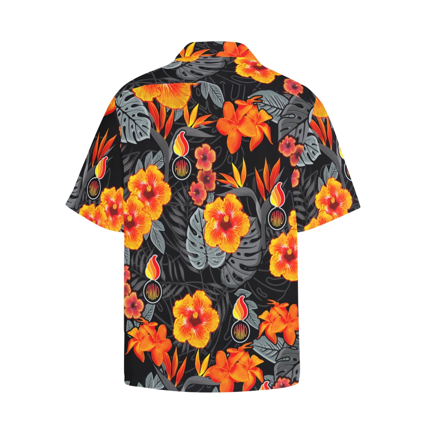 USAF AMMO Fire Orange Hibiscus Flowers Leaves Pisspots AMMO Hawaiian Shirt With Left Chest Pocket