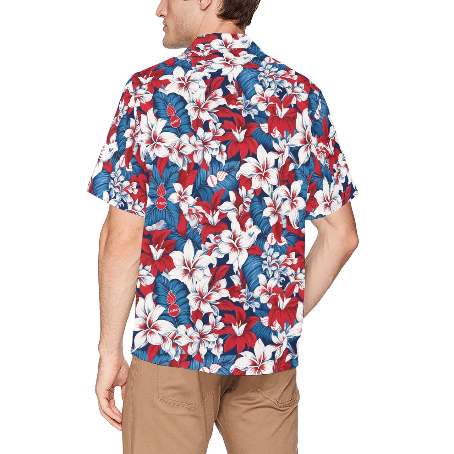 USAF AMMO Red White and Blue Patriotic Tropical Flowers Leaves and Pisspots Mens Left Chest Pocket Hawaiian Shirt