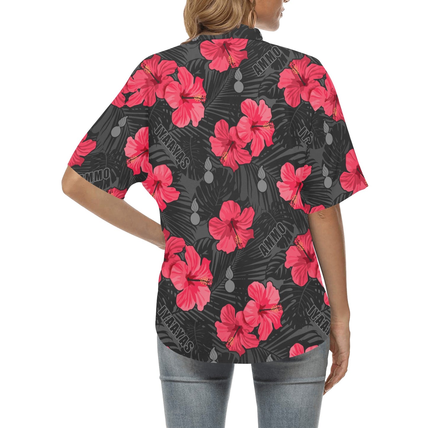 USAF AMMO Red and Pink Flowers With Black Grey Leaves Pisspots IYAAYAS AMMO Womens Hawaiian Shirt