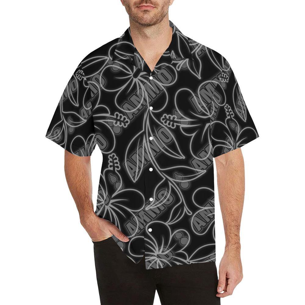 AMMO Hawaiian Shirt Black With Flowers and Diagonal AMMO and Pisspots - AMMO Pisspot IYAAYAS Gear