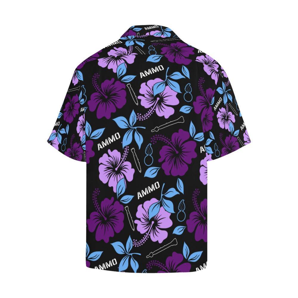 AMMO Hawaiian Shirt Dark and Light Purple Flowers Black Background - AMMO Pisspot IYAAYAS Gear
