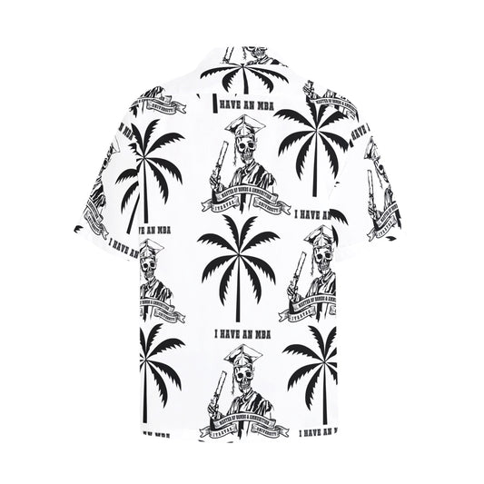 I have an MBA Master of Bombs and Ammunition Skeleton Cap and Gown Men’s White Hawaiian Event Shirt With Left Chest Pocket