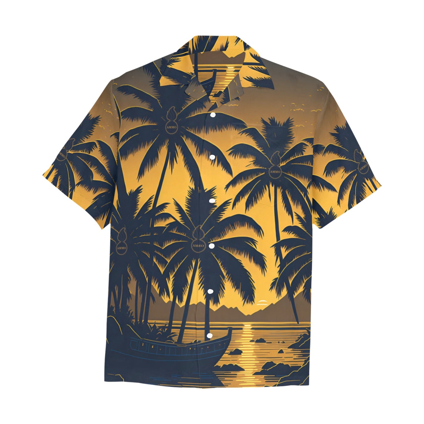 USAF AMMO Tropical Sunset With Palm Trees A Boat and Pisspots Mens Left Chest Pocket Hawaiian Shirt