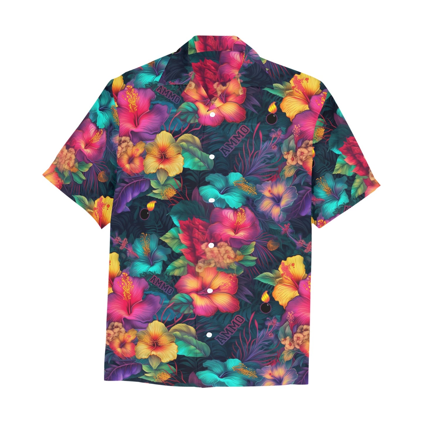 USAF AMMO Neon Color Hibiscus Flowers Leaves and Pisspots Mens Front Left Chest Pocket Hawaiian Shirt
