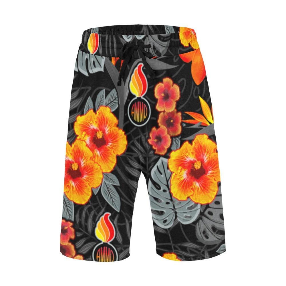 Fire Orange Hibiscus Flowers Leaves Pisspots AMMO Hawaiian Shorts