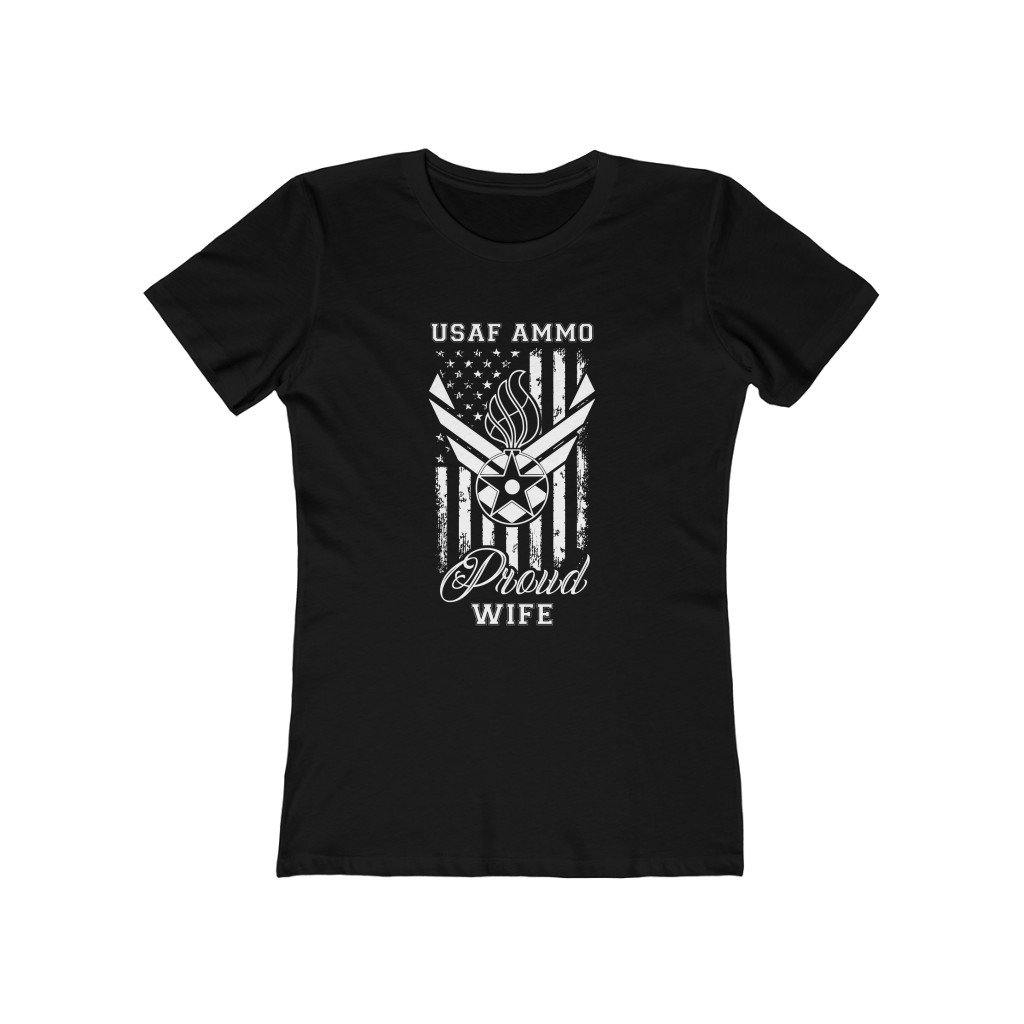 USAF AMMO AF Vector Logo With Pisspot American Flag Proud Wife Women's The Boyfriend Tee - AMMO Pisspot IYAAYAS Gear