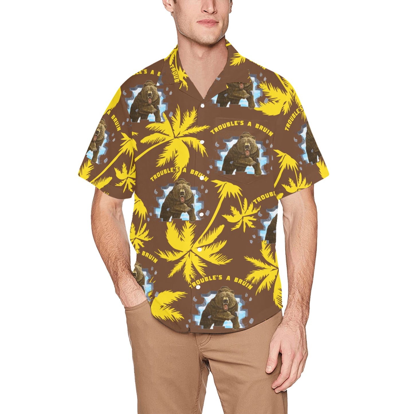 Fargo South High Troubles A Bruin Brown Bear Brick Wall Yellow Palm Trees Brown Hawaiian Shirt With Pocket