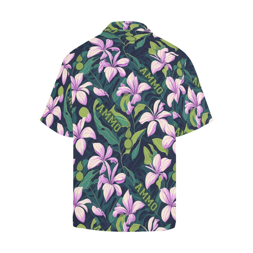 AMMO Hawaiian Shirt Green Leaves Background with Pink Frangipani Flowers Pisspots and Word AMMO