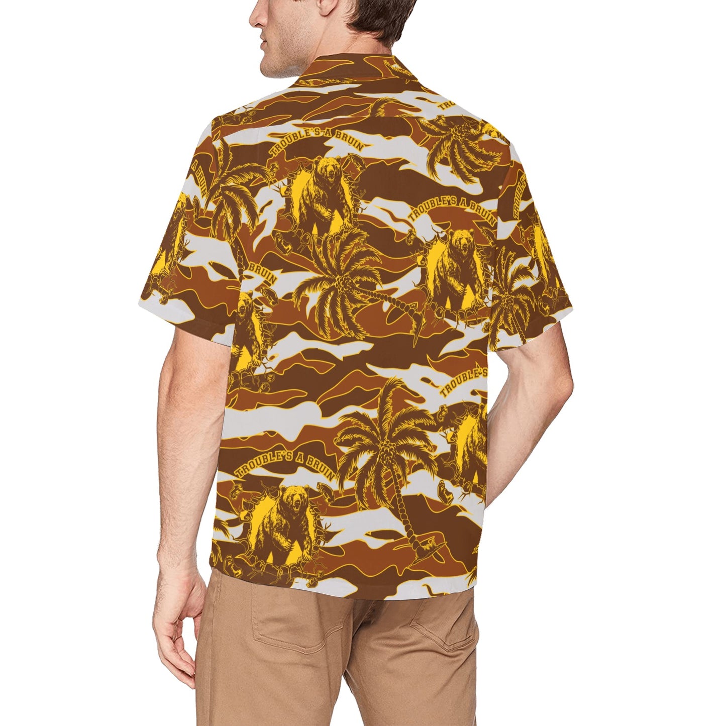 Fargo South High Troubles A Bruin Updated Bear Brick Wall Tiger Stripe Brown Camouflage With Gold Color Palm Trees Hawaiian Shirt With Left Chest Pocket