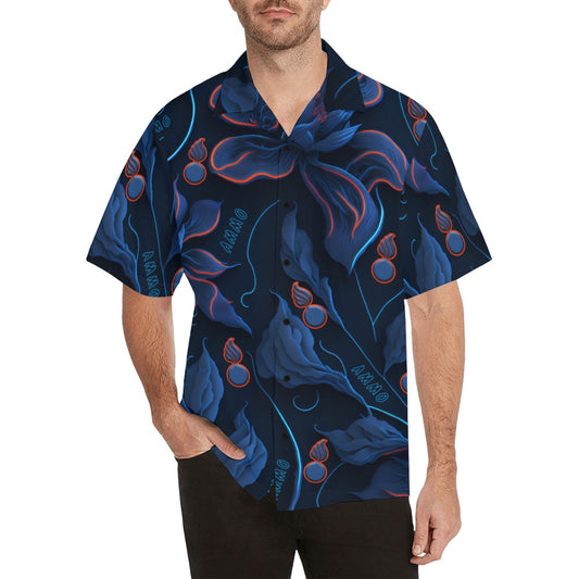 USAF AMMO Red and Blue Neon Flowers Leaves Pisspots and AMMO Word Mens Hawaiian Shirt