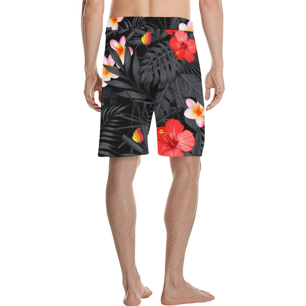 Black and Grey Leaves Hibiscus Plumeria Pisspots and AMMO icons Hawaiian Shorts